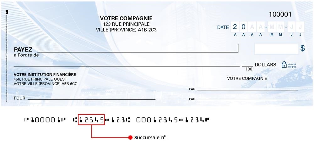 Il s’agit d’un numéro à cinq chiffres qui se situe au bas de votre chèque et qui désigne la succursale où se trouve votre compte. On l’appelle aussi numéro de transit.