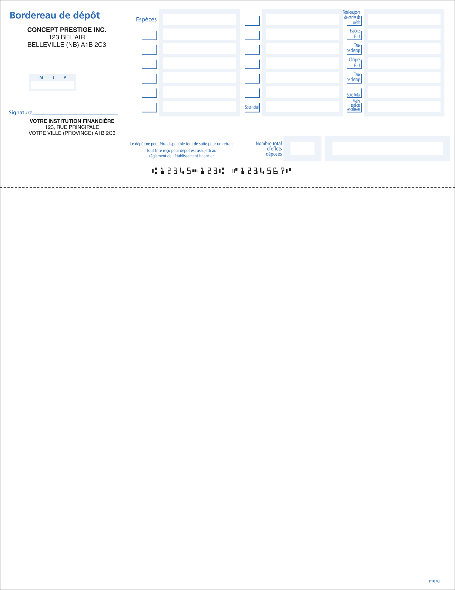Bordereau de dépôt - format feuillet​  ​